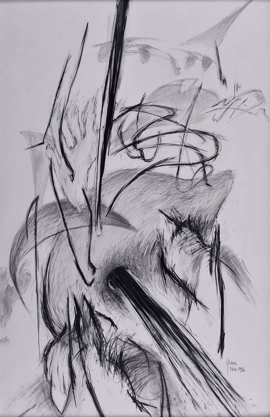 “Durchbohrt”, 1986, 100 x 70 cm, Grafit auf Papier